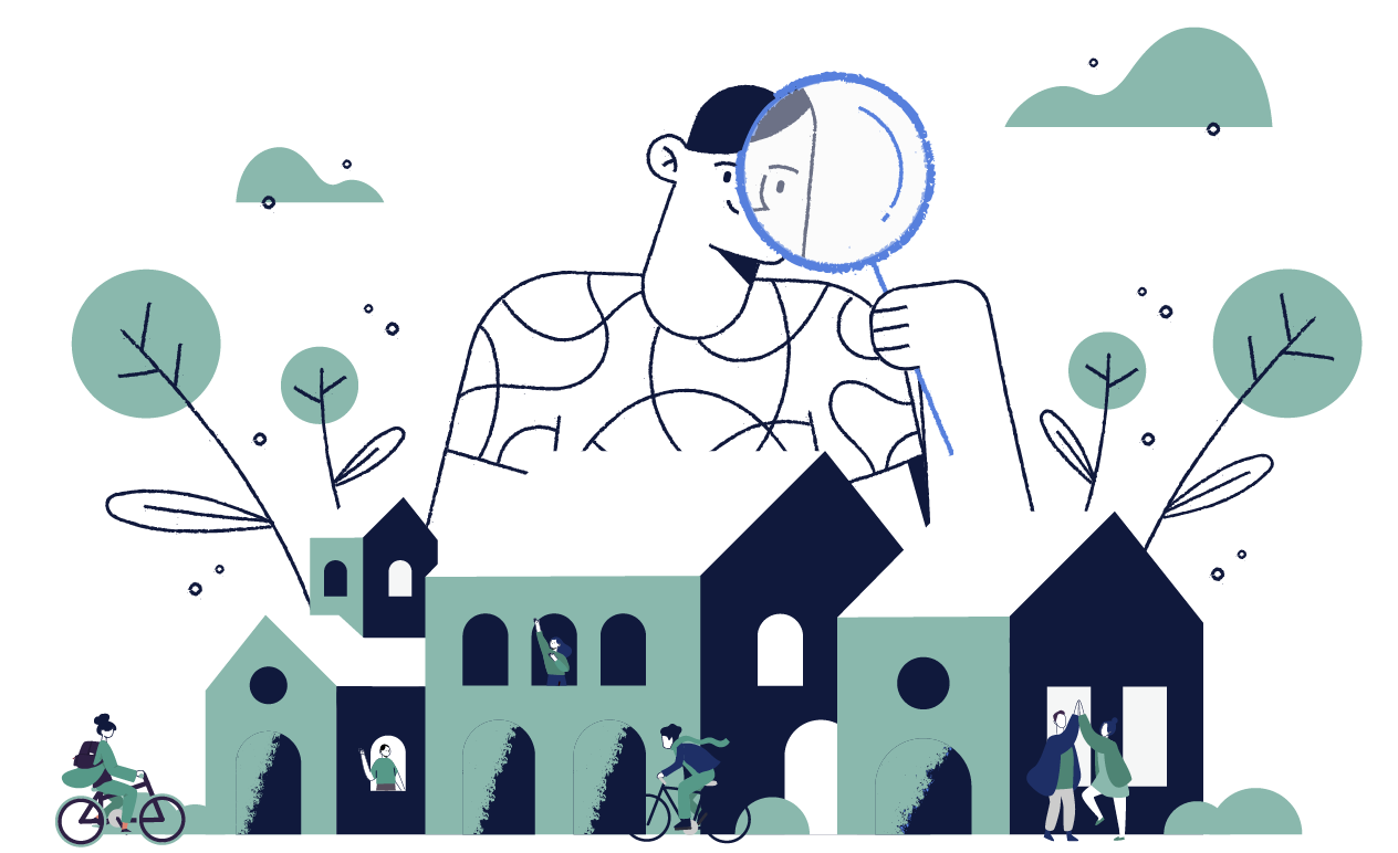 Illustratie van een toekomstgerichte stad met wandelaars en fietsers
